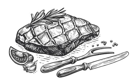Illustration for Hand drawn meat steak grilled in vintage engraving style. Roast beef, grill food, barbecue sketch. Vector illustration - Royalty Free Image