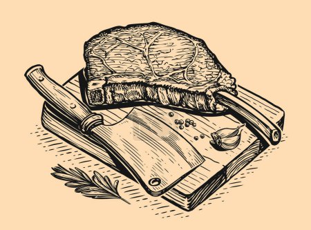 Téléchargez les illustrations : Grilled meat beef steak, ribs and knife cleaver on wooden cutting board. Grill food, engraved sketch vector illustration - en licence libre de droit