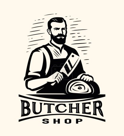 Téléchargez les illustrations : Butcher with cleaver knife and fresh beef meat. Butcher shop, farm organic food emblem or badge. Vector illustration - en licence libre de droit