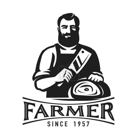 Illustration for Butcher with cleaver knife and fresh beef meat. Butcher shop, farm organic food emblem or logo. Vector illustration - Royalty Free Image