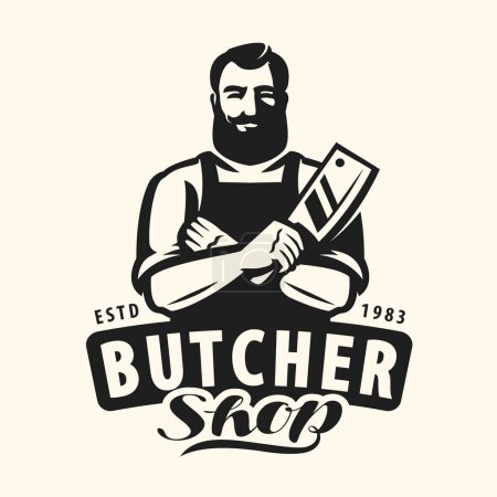 Téléchargez les illustrations : Butcher shop, farm organic food badge or logo. Butcher with cleaver knife emblem. Vector illustration - en licence libre de droit