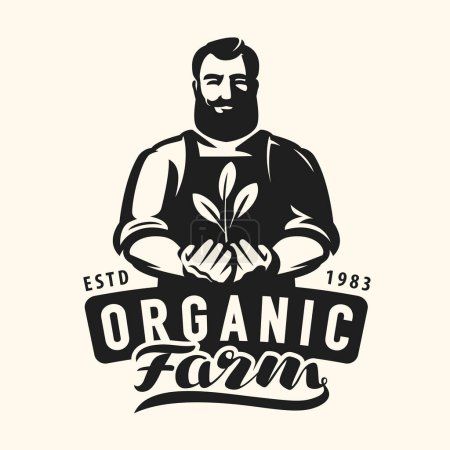 Ilustración de Farm, agriculture, organic food badge or emblem. Farmer holding growing sprout, logo. Vector illustration - Imagen libre de derechos