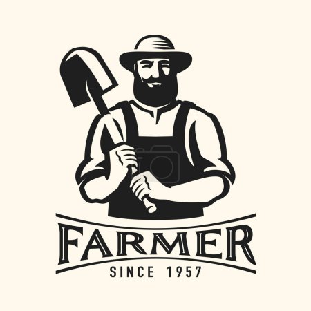 Illustration for Farmer holding shovel, black emblem. Agriculture, farm, growing organic food badge or logo. Vector illustration - Royalty Free Image
