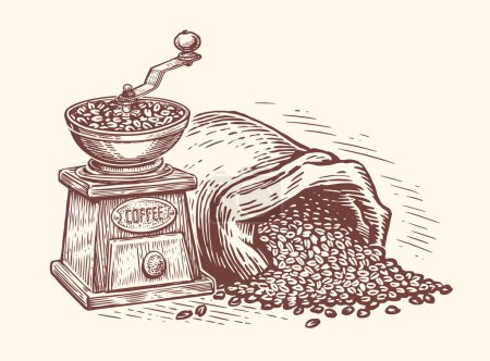 Ilustración de Coffee grinder and bag of coffee beans. Drink concept. Engraved hand drawn sketch vintage vector illustration - Imagen libre de derechos