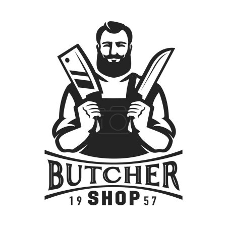 Illustration for Butcher with meat knives in hands. Butcher shop logo emblem for design. Farm organic food badge. Vector illustration - Royalty Free Image