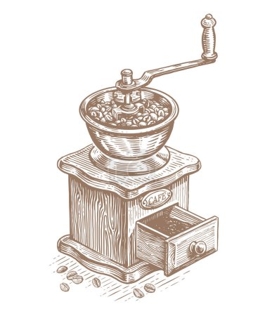 Ilustración de Old wooden coffee grinder with a handle for grinding coffee beans into powder. Design for cafe menu. Sketch vector - Imagen libre de derechos
