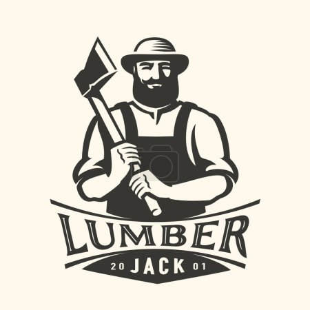 Ilustración de Lumberjack brutal bearded man with axe, logo. Logging, lumber-camp emblem. Vector illustration - Imagen libre de derechos