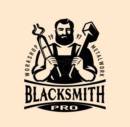 Ilustración de Blacksmith craft, workshop logo or emblem. Artistic forging, metal work symbol. Vector illustration - Imagen libre de derechos