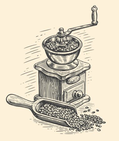 Ilustración de Retro manual coffee grinder with roasted coffee beans, vintage sketch. Vector illustration for cafe or restaurant menu - Imagen libre de derechos