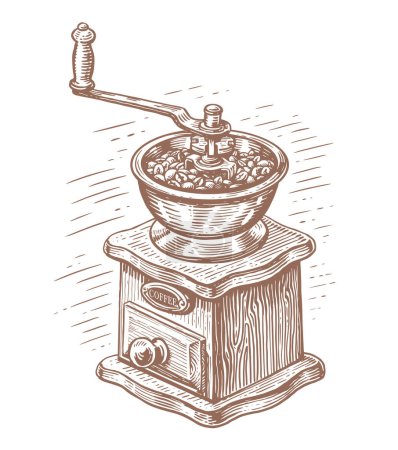 Téléchargez les illustrations : Manual coffee grinder for grinding coffee beans. Hand drawn old retro wooden coffee mill in vintage engraving style - en licence libre de droit