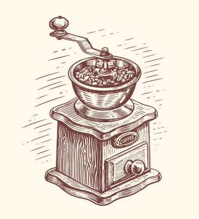 Ilustración de Retro manual coffee grinder with coffee beans, hand drawing sketch engraving style. Vintage vector illustration - Imagen libre de derechos
