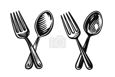Téléchargez les illustrations : Crossed fork and spoon icon. Food symbol. Design element for restaurant or diner menu. Vector illustration - en licence libre de droit