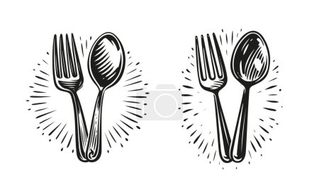 Téléchargez les illustrations : Spoon and fork logo and symbol. Food icon. Design element for restaurant or cafe menu. Vector illustration - en licence libre de droit