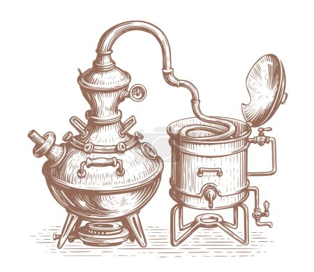 Téléchargez les illustrations : Distillation apparatus sketch. Alcohol ethanol production, distillery. Retro alcohol machine in vintage engraving style - en licence libre de droit