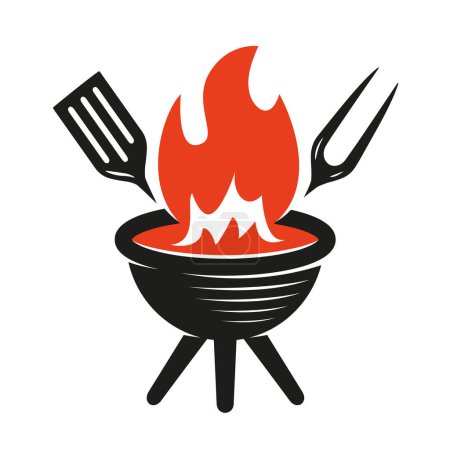 Téléchargez les illustrations : BBQ grill simple and symbol icon. Barbecue charcoal, outdoor cooking badge. Logo for restaurant or steakhouse menu - en licence libre de droit
