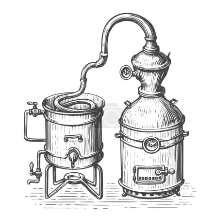 Ilustración de Retro equipment from copper tanks for distillation of alcohol. Distillery production vintage vector illustration - Imagen libre de derechos