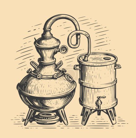 Illustration for Alcohol distillation process. Fermentation, distillation, aging and bottling alcohol drink. Vintage vector illustration - Royalty Free Image