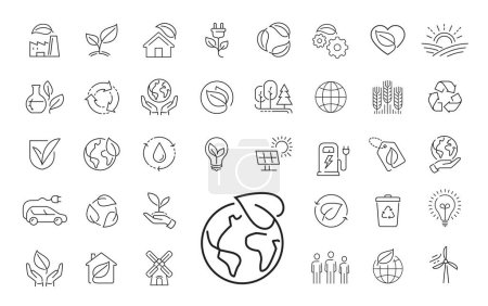 Ilustración de Conjunto de iconos de línea delgada de ecología, medio ambiente y sostenibilidad vector concepto. Esquema de símbolos y signos de colección - Imagen libre de derechos