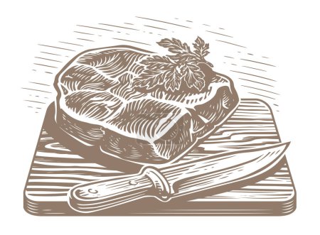 Téléchargez les illustrations : Hand drawn sliced grilled bull steak on wooden board with knife. Illustration for restaurant menu or butcher shop - en licence libre de droit
