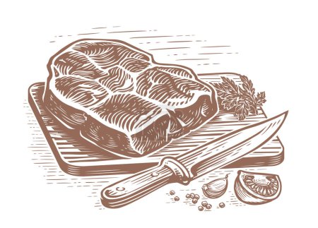 Ilustración de Filete de carne a la parrilla dibujado a mano en estilo grabado vintage. Carne asada, comida a la parrilla, ilustración del vector del boceto de barbacoa - Imagen libre de derechos