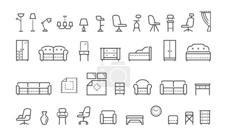 Ilustración de Set of interior design and home decoration related line icons. Furniture concept. Symbols and signs with thin outline - Imagen libre de derechos