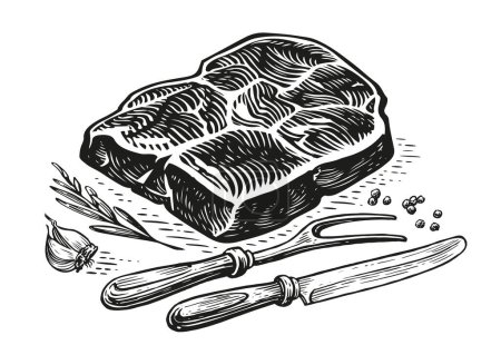 Téléchargez les illustrations : Steak grillé avec couteau et fourchette. Cuisson de bœuf, barbecue. Préparation de plat de viande. Croquis illustration vectorielle dessinée à la main - en licence libre de droit