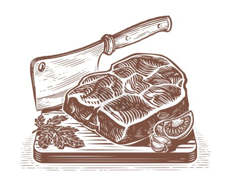 Téléchargez les illustrations : Hand drawn meat steak on wooden board with cleaver knife. Cooking beef. Sketch vector Illustration for restaurant menu - en licence libre de droit