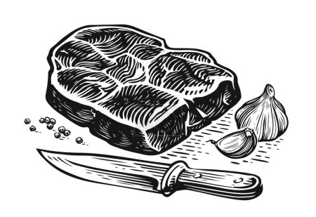 Téléchargez les illustrations : Steak de boeuf et couteau, épices de cuisson. Cuisson des aliments, concept de viande grillée. Croquis illustration vectorielle dessinée à la main - en licence libre de droit