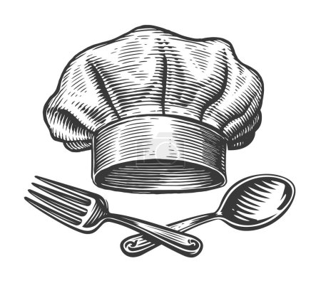 Ilustración de Sombrero de chef con cuchara y tenedor. Diseño para restaurante o menú de comedor. Dibujado a mano ilustración vector boceto vintage - Imagen libre de derechos