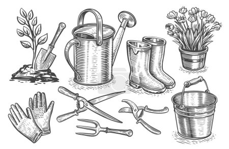 Illustration for Gardening concept. Hand drawn garden items set in sketch style. Vintage vector illustration - Royalty Free Image
