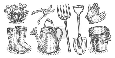Illustration for Garden tools, equipment set. Gardening, horticulture concept. Collection of objects. Vintage sketch vector illustration - Royalty Free Image