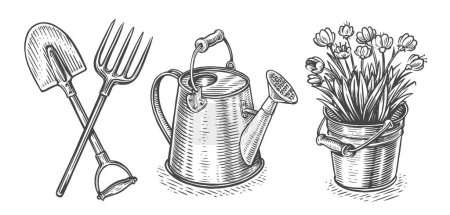 Ilustración de Garden, farm concept. Gardening set of items sketch. Agriculture, farming objects vintage vector illustration - Imagen libre de derechos
