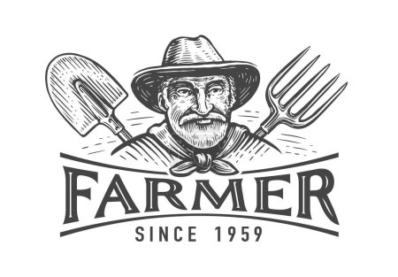 Illustration for Portrait of an elderly farmer in a hat, spade and pitchfork, emblem. Farm, agriculture logo. Vintage vector illustration - Royalty Free Image