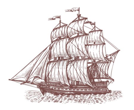 Ilustración de Retro ship sails on waves of sea. Sailboat sailing, side view. Vintage vector sketch engraved illustration - Imagen libre de derechos
