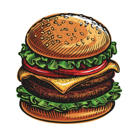Ilustración de Big Burger isolated. Cheeseburger for fast food restaurant menu. Colorful vector illustration pop art comic style - Imagen libre de derechos