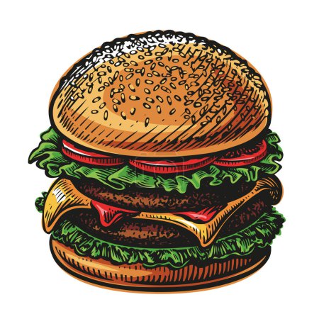 Ilustración de Hamburguesa con queso y empanada. Color dibujado a mano Hamburguesa aislada. Ilustración del vector de comida rápida - Imagen libre de derechos