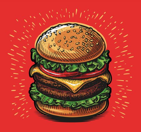 Ilustración de Big Burger. Juicy hamburger retro comic style pop art. Fast food vector illustration - Imagen libre de derechos