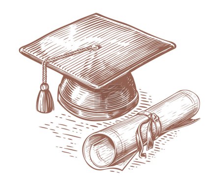 Ilustración de Tapa de graduación dibujada a mano y diploma en estilo de boceto. Grado académico, concepto de educación. Ilustración de vector Vintage - Imagen libre de derechos