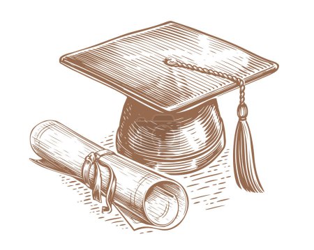 Ilustración de Tapa de graduación con borla y diploma enrollado. Mortero y Grado. Dibujo vector ilustración - Imagen libre de derechos