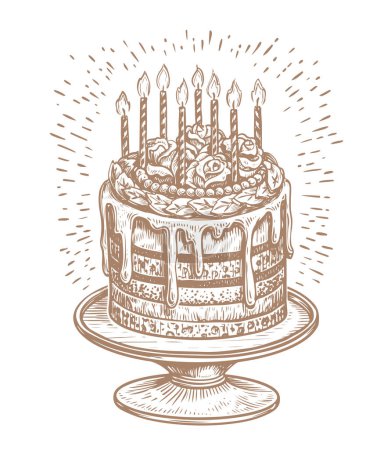 Téléchargez les illustrations : Birthday cake with candles. Fun holiday or solemn event. Vintage sketch vector illustration - en licence libre de droit