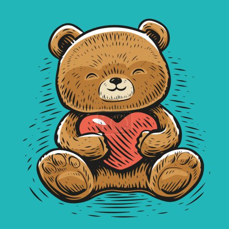Illustration for Happy cute teddy bear with a heart in paws. Funny toy. Valentines Day, love concept. Cartoon vector illustration - Royalty Free Image