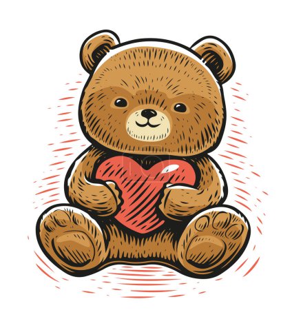 Illustration for Happy teddy bear with red heart. Funny cute toy. Valentines Day, love symbol. Cartoon vector illustration - Royalty Free Image