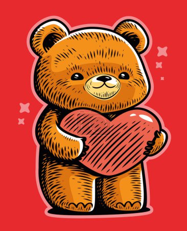 Illustration for Teddy Bear with love heart. Valentines Day greeting card. Retro romantic style. Color vector illustration - Royalty Free Image