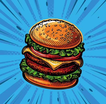 Ilustración de Big tasty cheeseburger in style retro pop art comic. Burger, Fast food restaurant. Vector illustration - Imagen libre de derechos