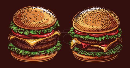 Illustration for Burger and Cheeseburger for fast food restaurant menu. Colorful vector illustration - Royalty Free Image