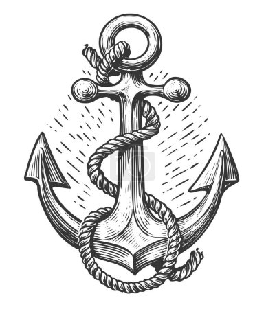 Téléchargez les illustrations : Nautical ship anchor with a rope. Sea adventure, cruise concept. Vintage sketch vector illustration - en licence libre de droit