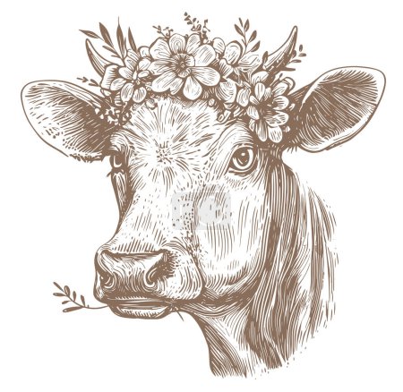 Illustration for Cow head with floral wreath. Farm animal sketch. Generative AI, monochrome vector illustration - Royalty Free Image