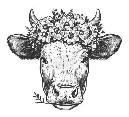 Cabeza de vaca lechera con corona floral. Bosquejo de animales de granja. Concepto de granja lechera. IA generativa, ilustración vectorial