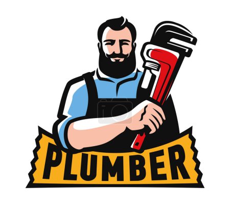 Illustration for Plumber with plumbing wrench. Emblem, logo. Construction, Repair work vector illustration - Royalty Free Image