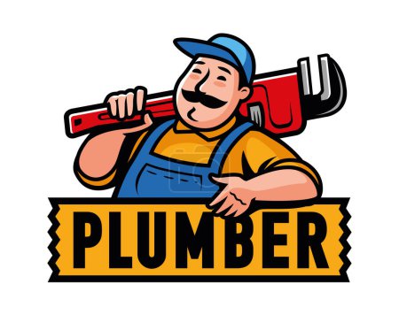 Téléchargez les illustrations : Funny plumber with plumbing wrench. Emblem, logo. Repair work vector illustration - en licence libre de droit